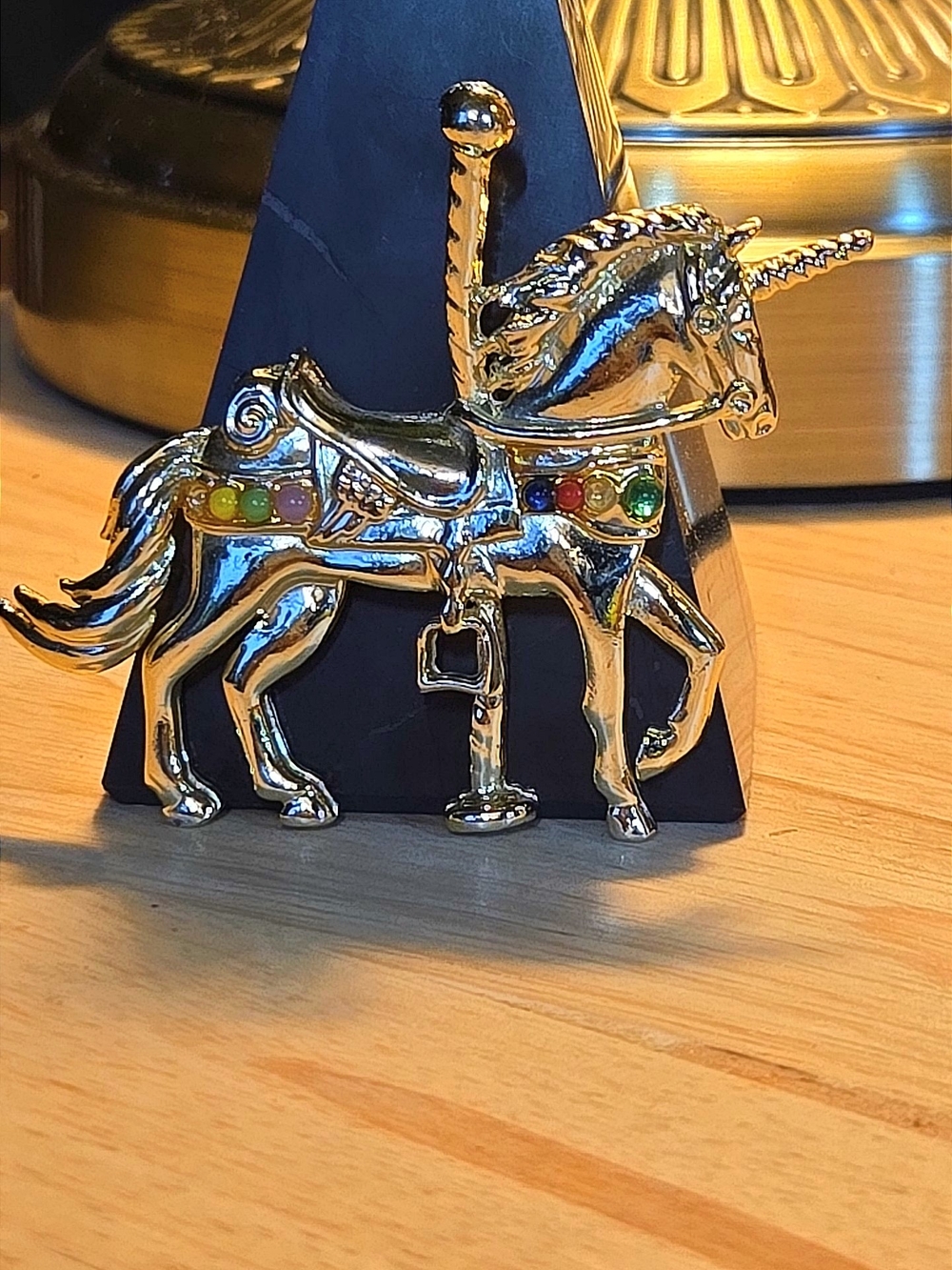 Gold Carousel Unicorn Brooch with Multicolor Gems